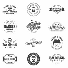 Fototapeta premium Barber shop monochrome badges set. Retro style. Templates featuring with barber hipster popular symbols, professional equipment, design elements. Isolated. Vector.