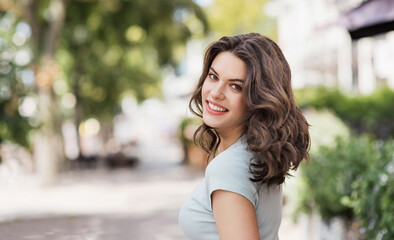 Beautiful happy young woman closeup portrait. Pretty model girl with perfect fresh clean skin...