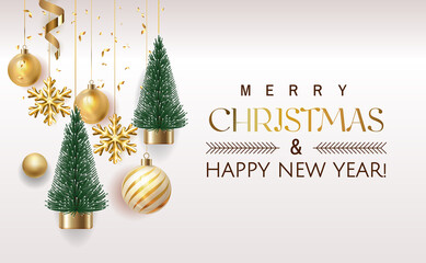 Merry Christmas and Happy New Year Holiday white banner illustration. Xmas design with realistic vector 3d objects, christmas tree, golden christmass ball, snowflake, glitter gold confetti