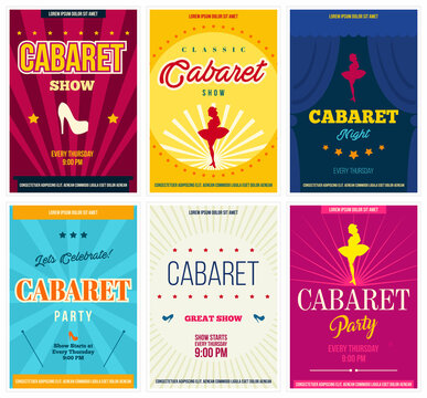 Cabaret retro posters set, vector illustration. Flyers and ads for cabaret show promotion in vintage style