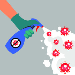 A man's hand holds a spray bottle to spray disinfectant liquid around the environment to prevent corona virus