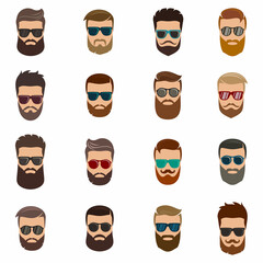 Colored hipsters faces set, vector illustration. With different beards, glasses, haircuts, mustaches. Vector illustration