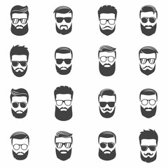 Monochrome black hipsters faces set, vector illustration. With different beards, glasses, haircuts, mustaches. Vector illustration