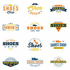 Shoes shop badges set. Colorful collection of various labels, logos for footwear stores, shop site  and shoes repair . Vector