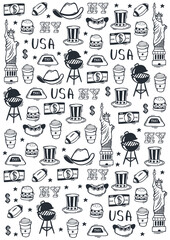 USA Hand draw doodle background. United States Of America popular symbols and elements. Vector illustration.