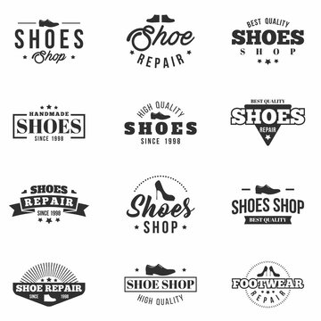 Shoes shop badges set. Monochrome  collection of various labels, logos for footwear stores, shop site  and shoes repair . Vector