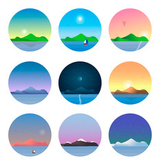 Different times of the day. Nature landscape. Icons set. Mountains and water. Vector illustration