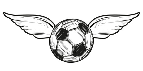 football, soccer ball with wings, icon sketch, cartoon hand drawn vector illustration