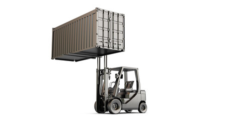 golden forklift truck with container on pallet shot on white background