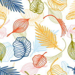 Colorful Tropical Pattern. Palm Tree Leaves Vector Seamless Pattern. Hand Drawn Doodle Sketch Tropical Leaf Wallpaper. Summer Floral Background