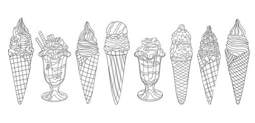 Big set of hand drawn ice creams of different types and tastes on white isolated background. Horizontal summer illustration. Suitable for menu design, banner, poster, card, coloring book.