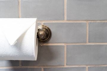 Roll of  clean white toilet paper against gray tile wall 