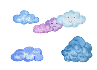 Watercolor cloud computing concept. Cartoon blue and purple clouds isolated on white background.