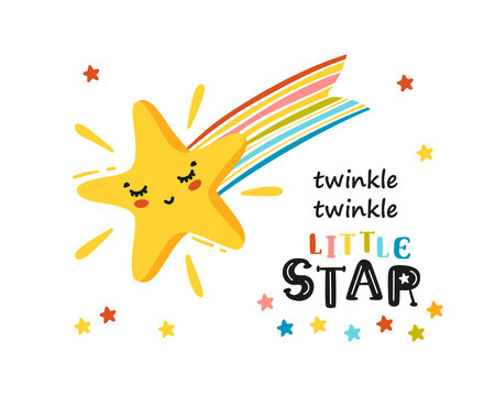 Twinkle Twinkle Little Star - Greeting Card for Kids. Yellow Shooting Star. Doodle Cute Kawaii Falling Stars. T-shirt Print, Poster for Nursery, Baby Shower, Holiday or Birthday Party Design