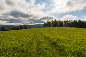Fototapeta na wymiar Springtime meadow with trees around, footpath, hills on the background and blue sky with clouds in Jeseniky mountains in Czech republic