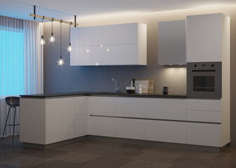 Fototapeta na wymiar Interior with a white modern kitchen and a breakfast bar. Night. Evening lighting. 3D rendering.