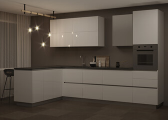 Interior with a white modern kitchen and a breakfast bar. Night. Evening lighting. 3D rendering.