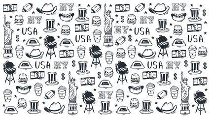 USA Hand draw doodle background. United States Of America popular symbols and elements. Vector illustration. - 358082987
