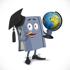 School geography textbook hold globe on diagram of volcano background