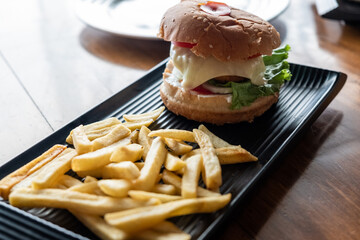 Tasty hamburger with french fries