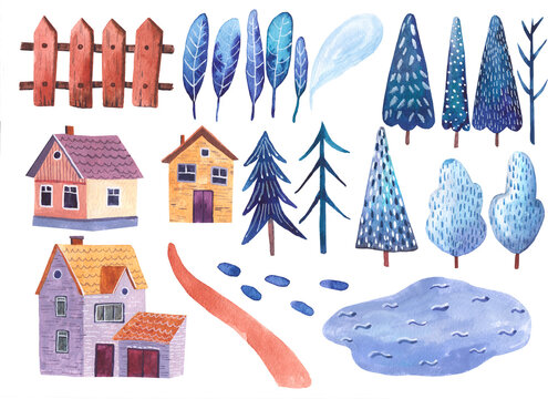 elements of landscape, clipart, mountains, road, houses and trees watercolor illustration on white background