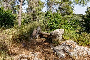 A bench carved from stone in the Totem park in the forest near the settlements of Har Adar and Abu Ghosh