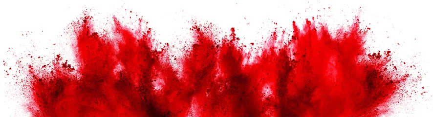 Fotobehang heldere rode holi verf kleur poeder festival explosie geïsoleerde witte achtergrond. industriële print concept achtergrond © stockphoto-graf