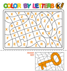 ABC Coloring Book for children. Color by letters. Learning the capital letters of the alphabet. Puzzle for children. Letter K. Key