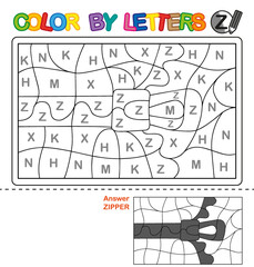 ABC Coloring Book for children. Color by letters. Learning the capital letters of the alphabet. Puzzle for children. Letter Z. Zipper