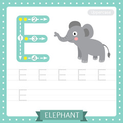 Letter E uppercase tracing practice worksheet. Standing Elephant