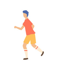 Sportive boy runner isolated cartoon person side view. Vector jogging guy, running jogger in sport cloth t-shirt and shorts, people on walk in flat style