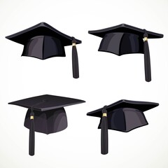 Set of black graduate cap with a tassel isolated on white background
