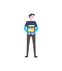 Male student standing with pile of books, vector isolated cartoon person. College learner, teenager in sweater and trousers with heap of textbooks in hands