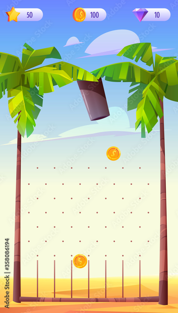 Poster mobile game app background, application vertical interface with cartoon vector level and score. ui o