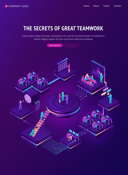 Teamwork isometric landing page. Business team work cooperation, marketing strategy, financial analytic company working in office, people make deal, shaking hands, analyzing data, 3d vector web banner