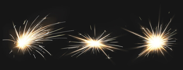 Weld sparks isolated on black background. Vector realistic flare effect of metal welding, iron cutting, fireworks or electric flash. Set of light flashes of industrial works with steel or firecrackers - obrazy, fototapety, plakaty