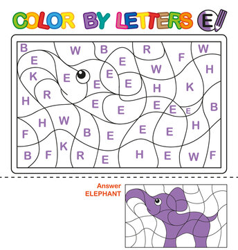 ABC Coloring Book for children. Color by letters. Learning the capital letters of the alphabet. Puzzle for children. Letter E. Elephant