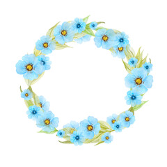 round frame of blue watercolor flowers . Isolated on a white background.Hand Drawn watercolor illustration.