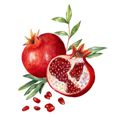 Composition with watercolor garnet, slice, seeds and greenery. Pattern with tropical fruits. Food design for wrapping or invitation