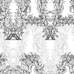 Fototapeta premium Abstract linear flowers and letters seamless pattern