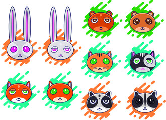 Set of cartoon cute flat baby animals. Colorful collection of happy pets and wild nature mascots. Funny adorable bear, rabbit, cat, raccoon and fox. Flat vector illustration.