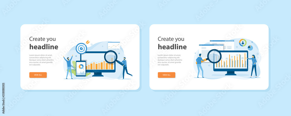 Poster Set of flat design web landing page templates of business digital marketing concept, web analytics, website building, page promotion, email, mobile advertising, traffic analytics, and market research 