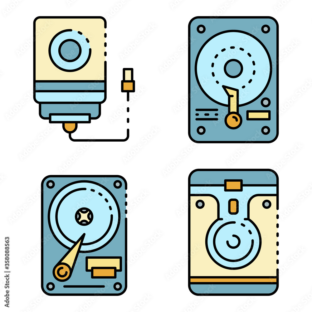 Poster hard disk icons set. outline set of hard disk vector icons thin line color flat isolated on white