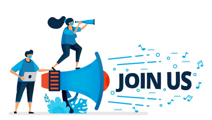 Vector illustration of join us program for employee recruitment at new normal and pandemic. Worker hire announcements. Design can be used for landing page, website, mobile app, poster, flyers, banner - Powered by Adobe