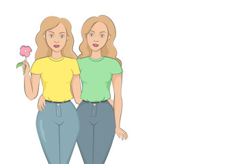 Obraz premium Caucasian female-female twins. Vector illustration.