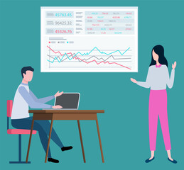 Woman broker making presentation pointing on board with charts and graphs. Vector guy sitting at computer and discussing business issues, stockbrokers collaboration