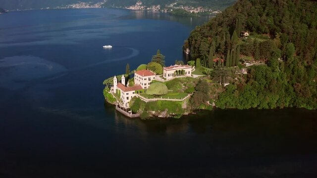 Aerial 4K - Villa del Balbianello, Town of Lenno, Lake Como, Italy
