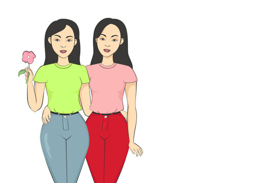 Asian female-female twins. Vector illustration.