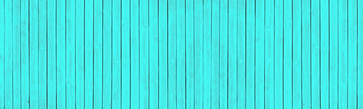 Bright Turquoise Painted Old Wooden Boards. Light Teal Colored Wood Texture. Wide Rustic Background