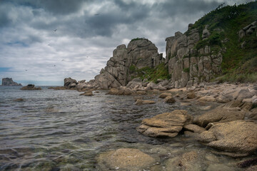 Sea shore with large stones on a background of cloudy sky and flying gulls
